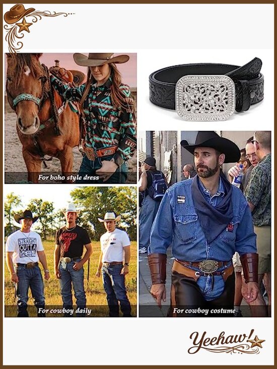 Genuine Leather Western Belt with Rhinestone Buckle for Women Men main image 7